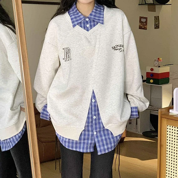 【XIXIJIA】学院风美式复古潮牌格子衬衣拼接假两件卫衣宽松大码
