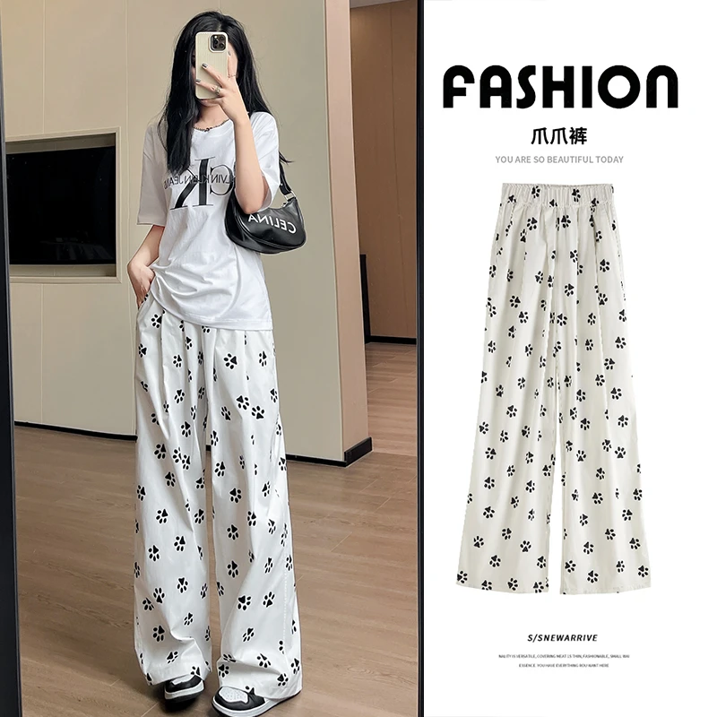 美式可爱狗狗脚印印花阔腿裤裤子白色运动休闲裤甜美可爱风格衣服