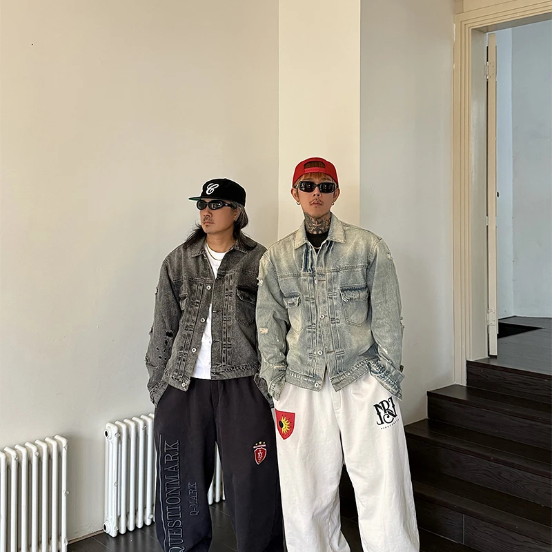 白鹤大人美式复古重工水洗破洞牛仔衣男秋冬宽松做旧长袖夹克外套