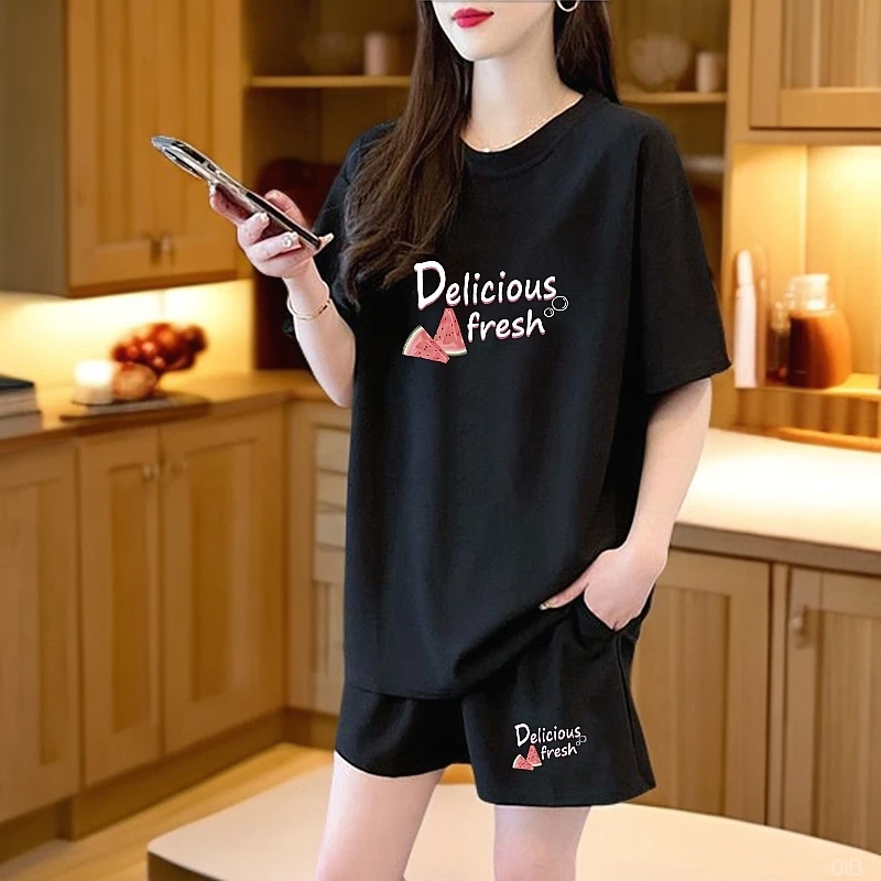 韩版夏季大码女装宽松显瘦薄款短袖休闲运动多巴胺服装女短裤套装