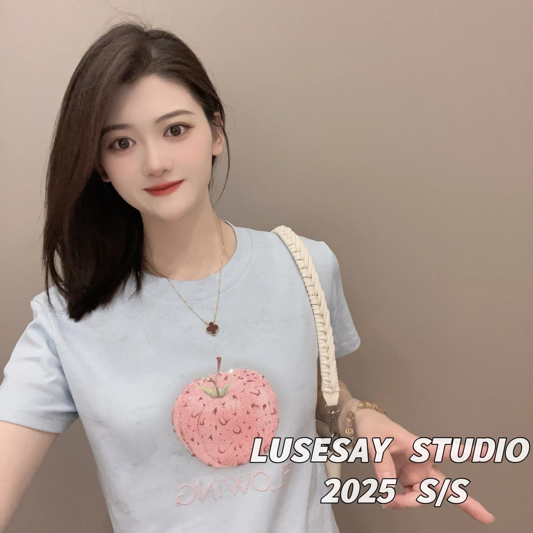 LUSESAY 扎染苹果亮片绣 夏季2025新款 短袖t恤女百搭显瘦上衣