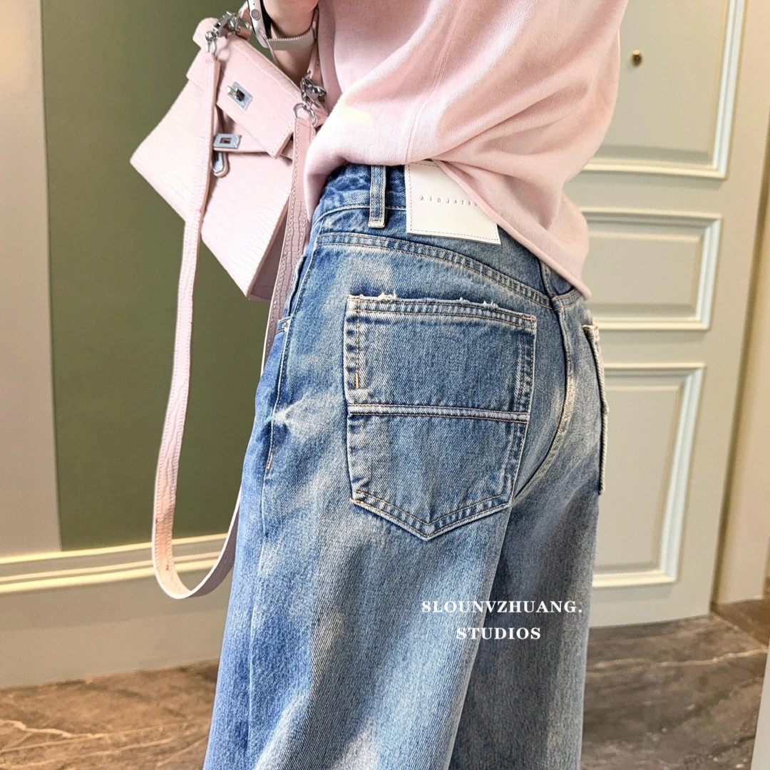 窄版阔腿裤花匣子牛仔裤女2025年春季新款503330中小个子重工洗水