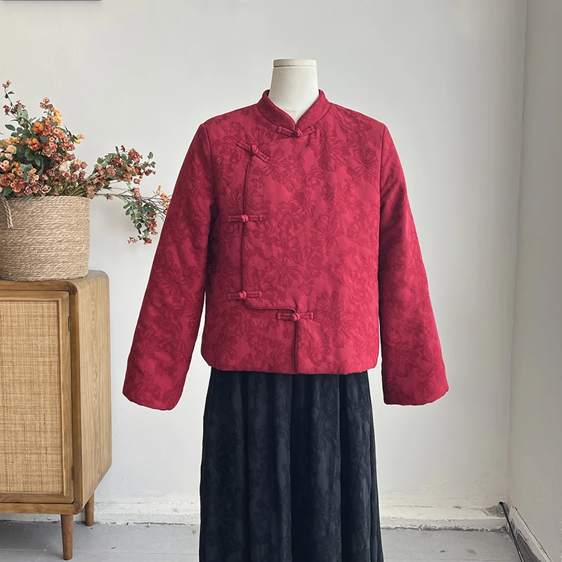 4247《灯下花朝愿》原创秋冬文艺棉外套国风复古红色气质棉服