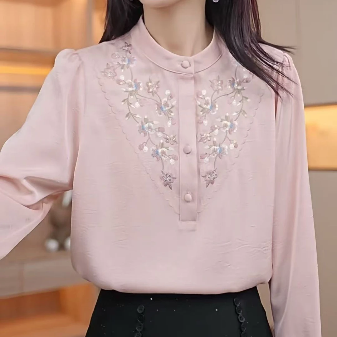 重工刺绣亮片立领七分袖衬衫女2025春夏新款小众宽松显瘦百搭