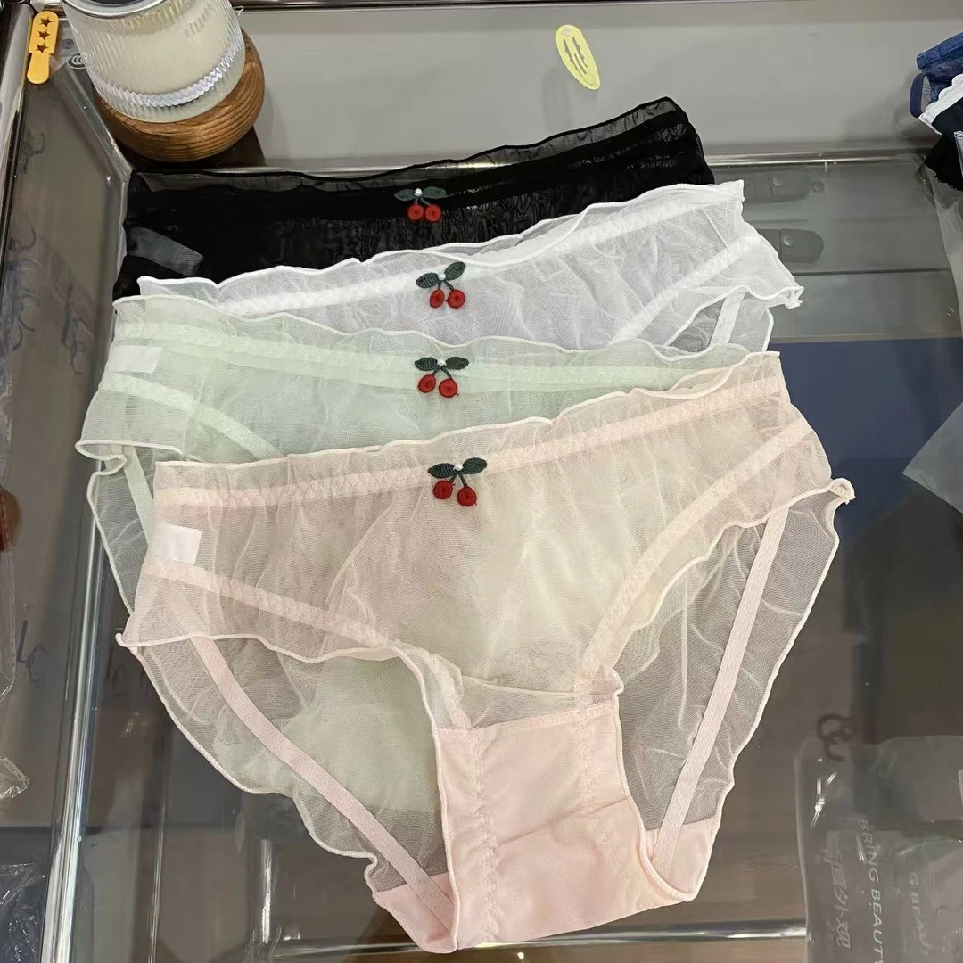 HE YAN【小樱桃】性感蕾丝内裤女纯棉裆低腰网纱透气诱惑少女三角裤