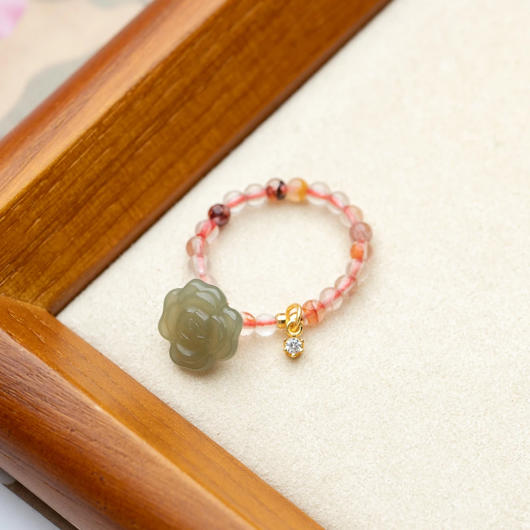 和田玉玫瑰花雕刻戒指天然胶花水晶s925银配饰滴溜潮流简约小众