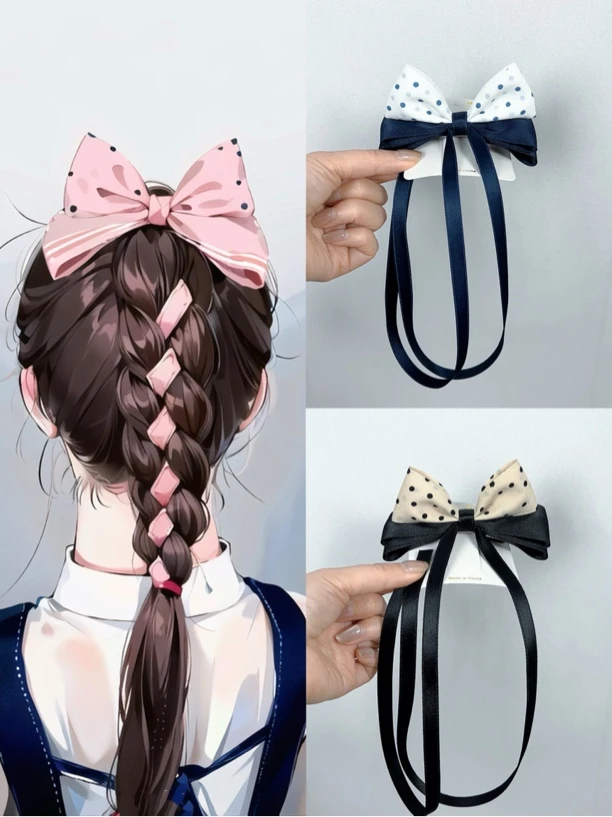 韩系波点拼色蝴蝶结发夹飘带款马尾顶夹女童发饰后脑勺气质发夹