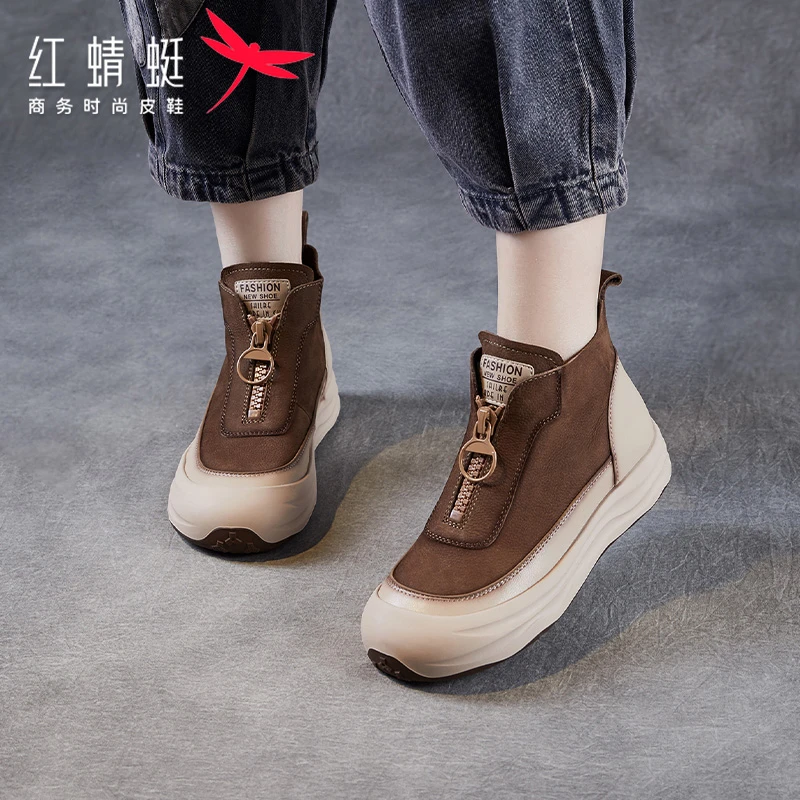 红蜻蜓马丁靴2025年秋冬新款舒适头层牛皮前拉链休闲女士高帮鞋