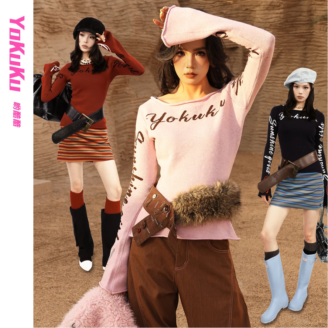 哟酷酷（见字如面）美式多穿字母针织修身显瘦一字肩套头毛衣