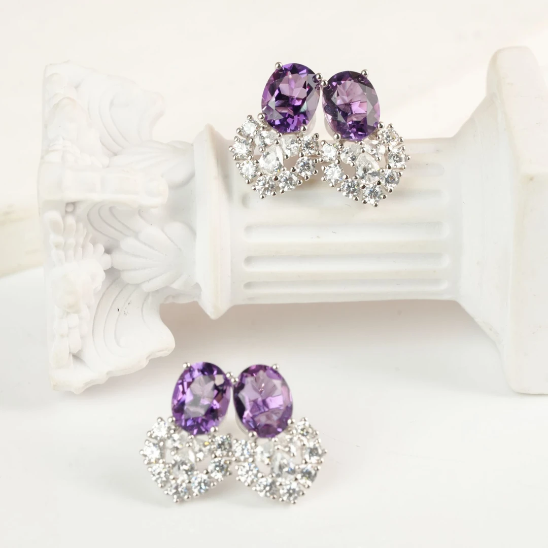 【小北珠宝】S925银紫水晶耳钉约7*8mm【多样性发一件】3-WH161X367