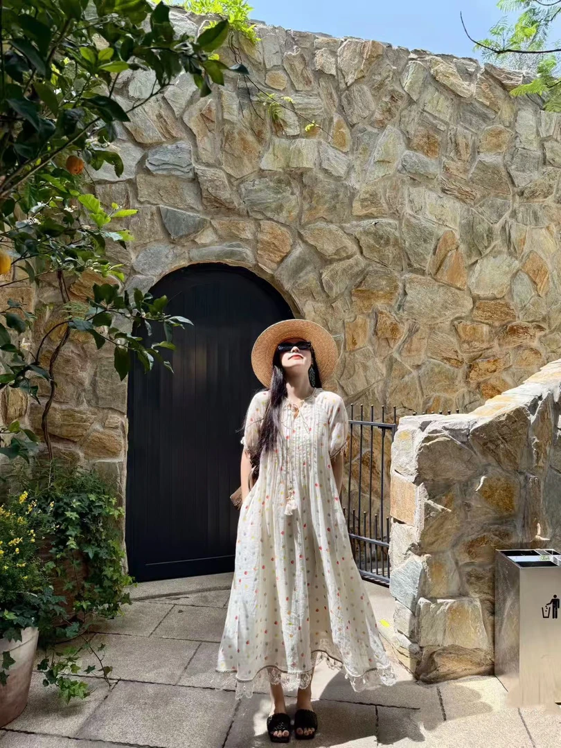 RS@6106 法式度假风波点蕾丝花边贝壳吊坠连衣裙（不要机洗）