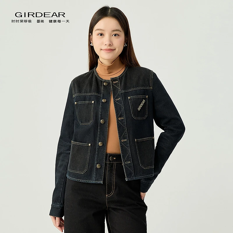 哥弟品质女装新款时尚精致百搭圆领拼接四口袋设计牛仔外套140008