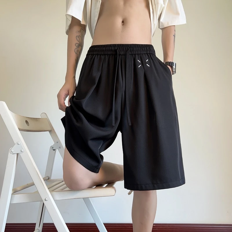 速干冰丝刺绣短裤男生夏季新款宽松运动五分裤子外穿透气薄款中裤