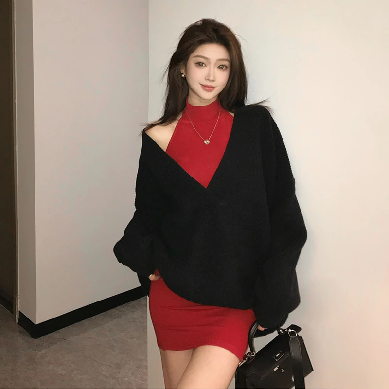 今年流行爆款内搭红色连衣裙子女秋冬季毛衣高级感穿搭套装包臀裙
