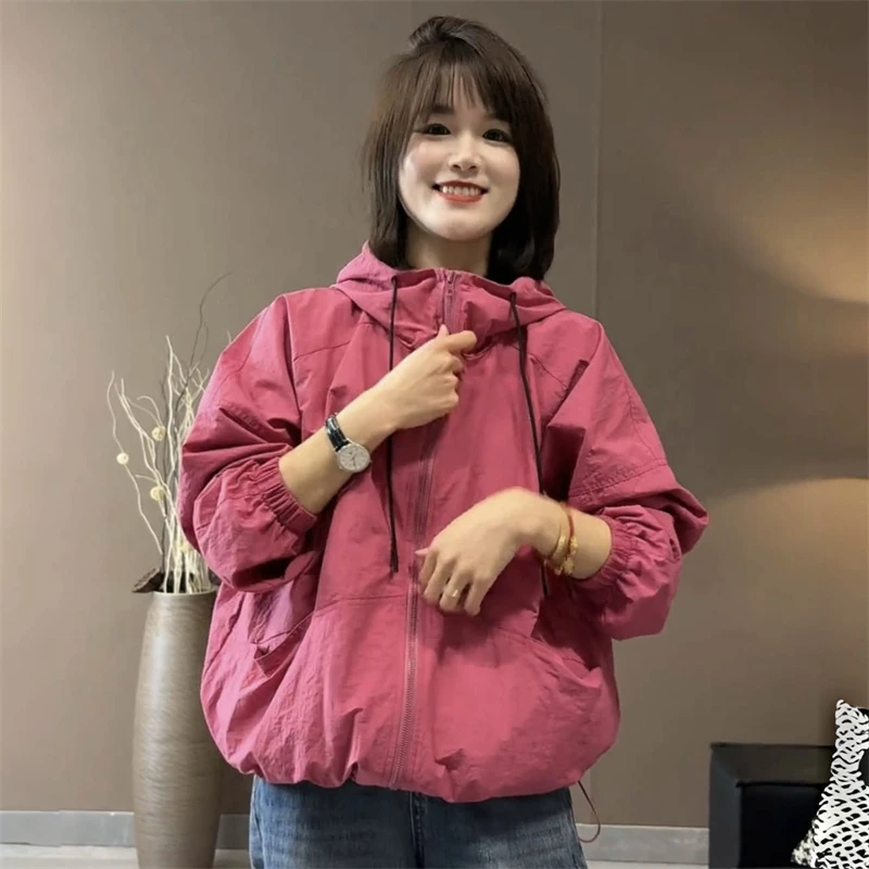 韩版时尚休闲百搭连帽拉链冲锋衣外套女2025春季宽松小个子上衣潮