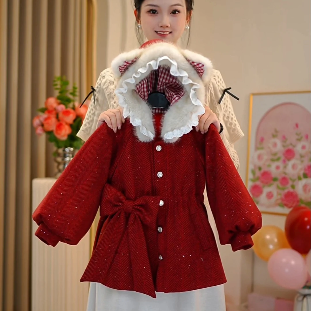 【佳琪妈】年服元旦新年系列女童红色毛妮加厚棉服外套-7214#