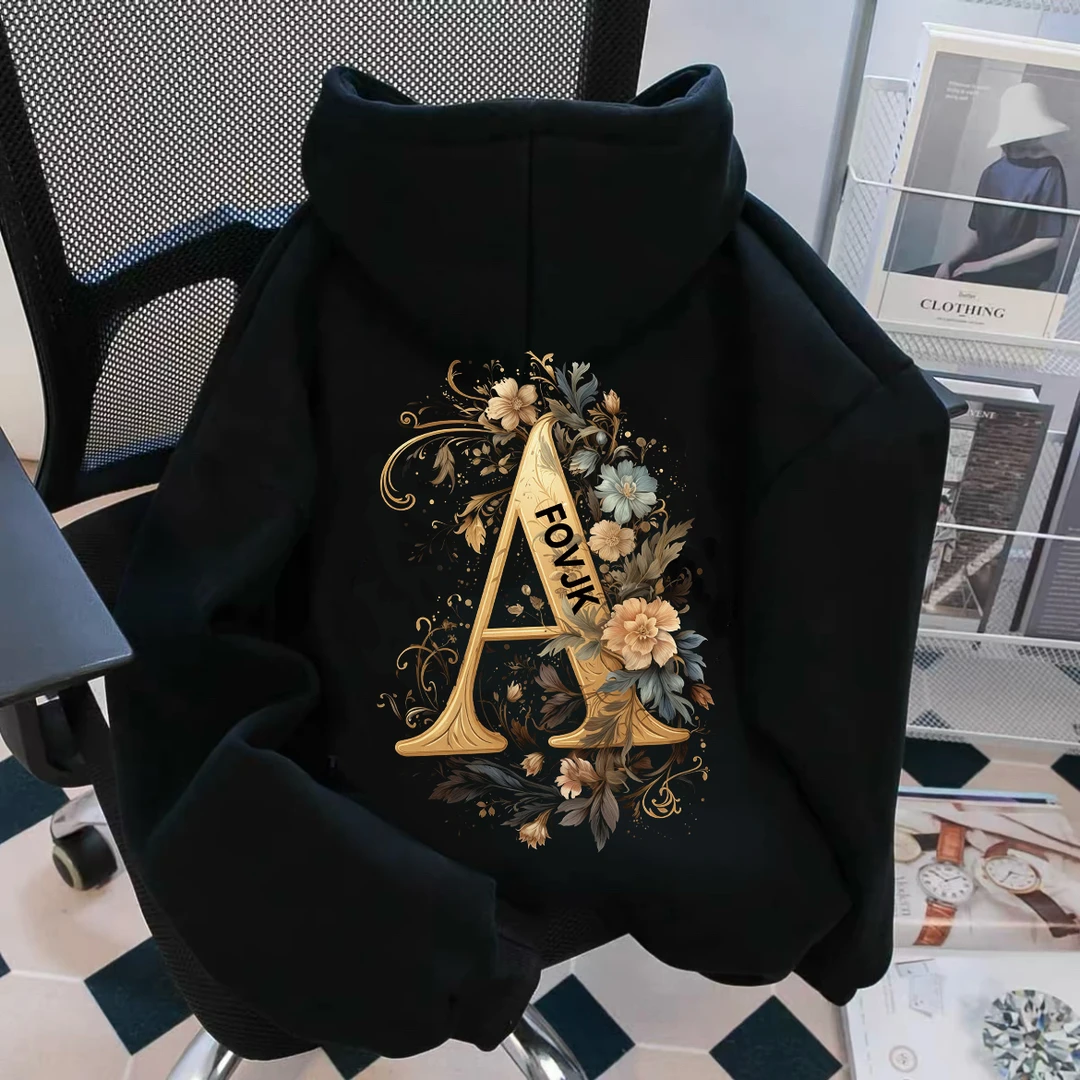 重磅加绒加厚连帽卫衣玫瑰字母A印花男秋冬新款宽松百搭情侣外套