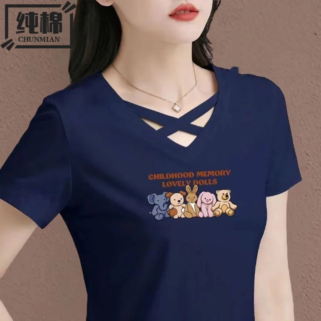 时尚上衣夏季体恤新款宽松显瘦休闲遮肚子T恤纯棉女士v领镂空短袖