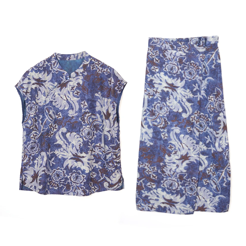 棉叙中式仿蓝染复古短袖衬衫女士夏季国风气质半身裙套装15805