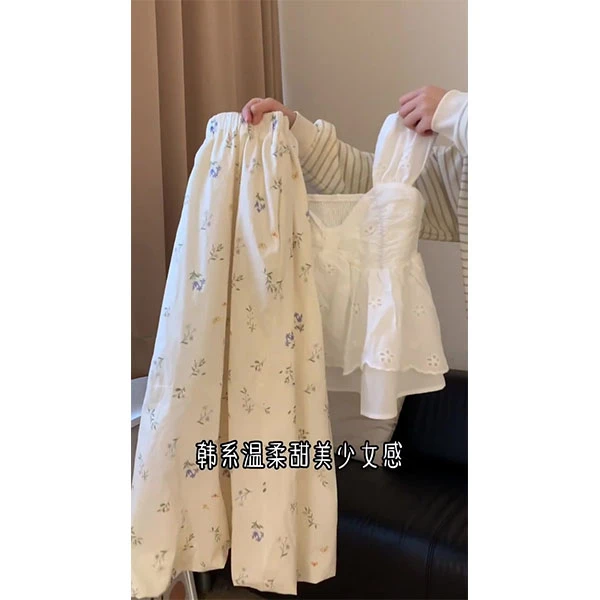 2025超火夏装一整套巨好看套装女白色娃娃衫衬衫碎花半身裙两件套
