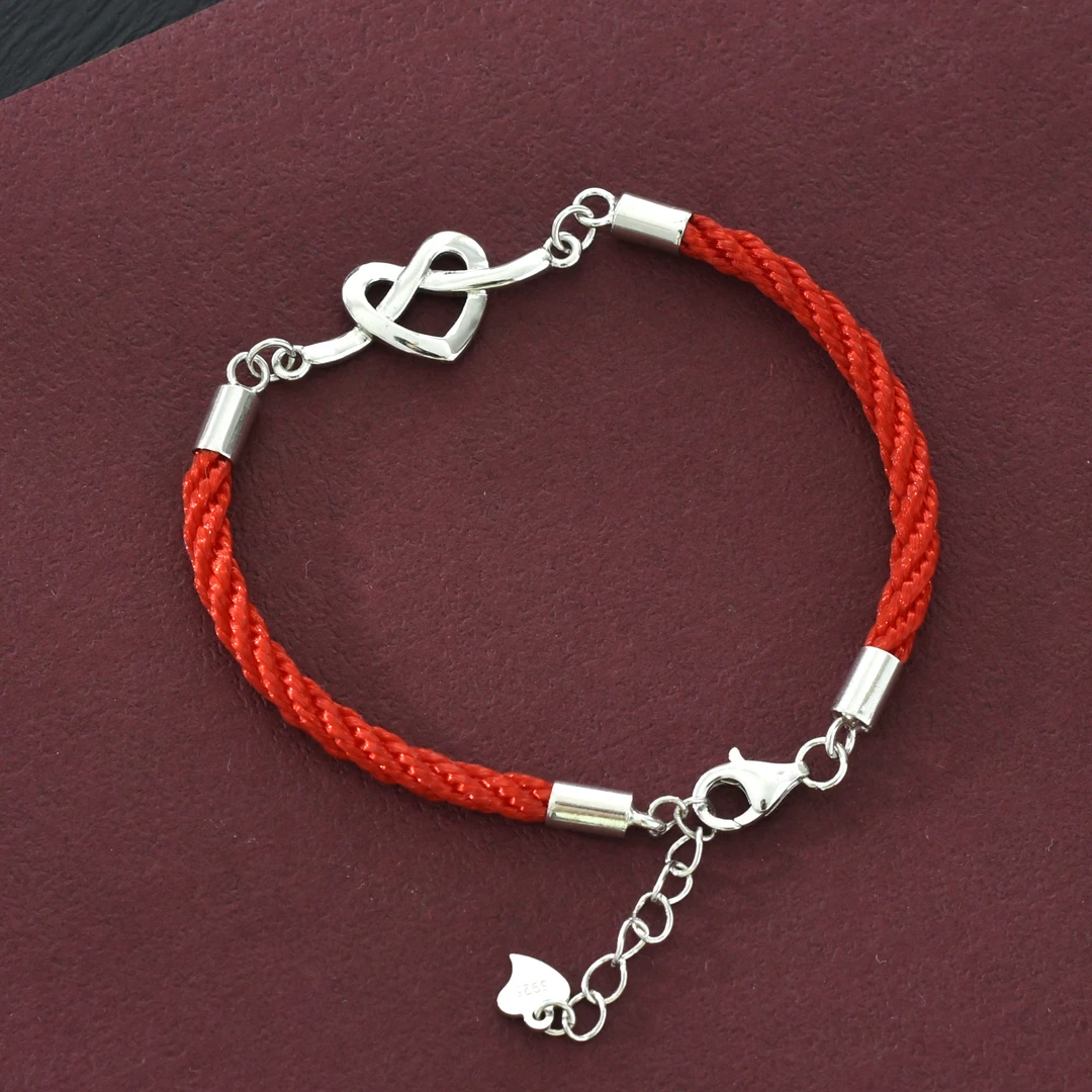 925银锦纶手链 纯银红绳手链女爱心编织红色手串送女友节日礼物
