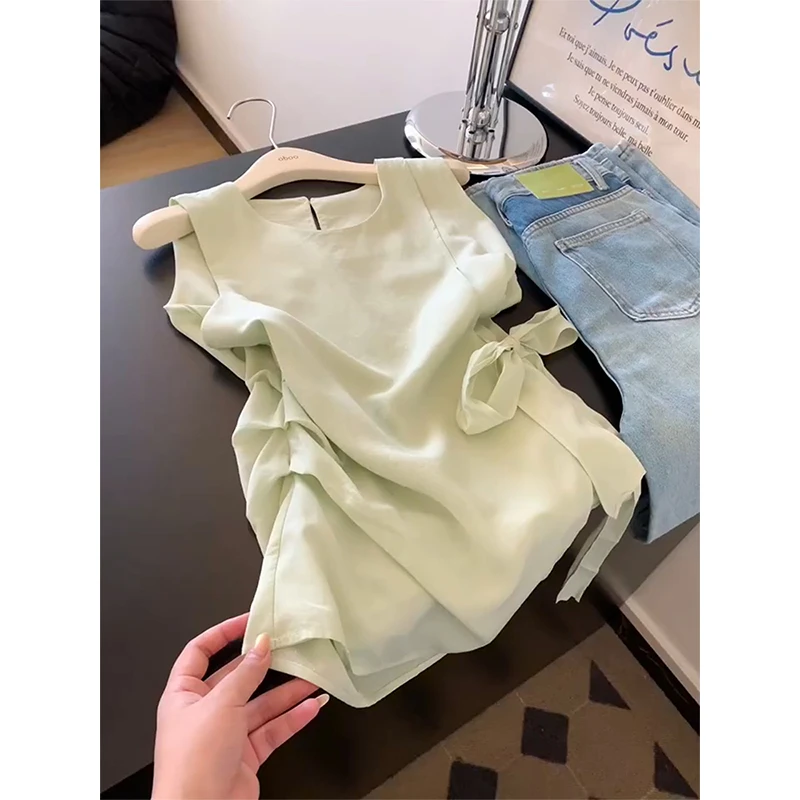 不规则法式薄荷曼波绿坎肩无袖衬衫女独特漂亮初夏薄上衣2025新款