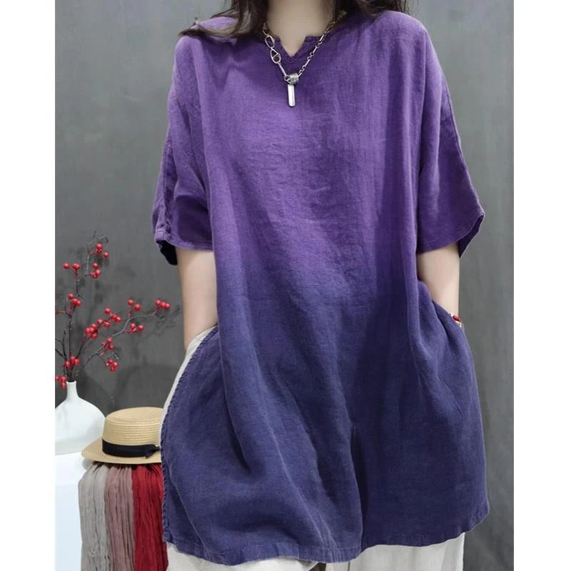 复古渐变色麻半袖衬衫女夏季2025年新款大码中长款V领开叉上衣