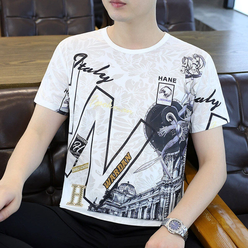 夏季圆领冰丝T恤男士欧美风烧花提花潮流时尚休闲个性短袖0805