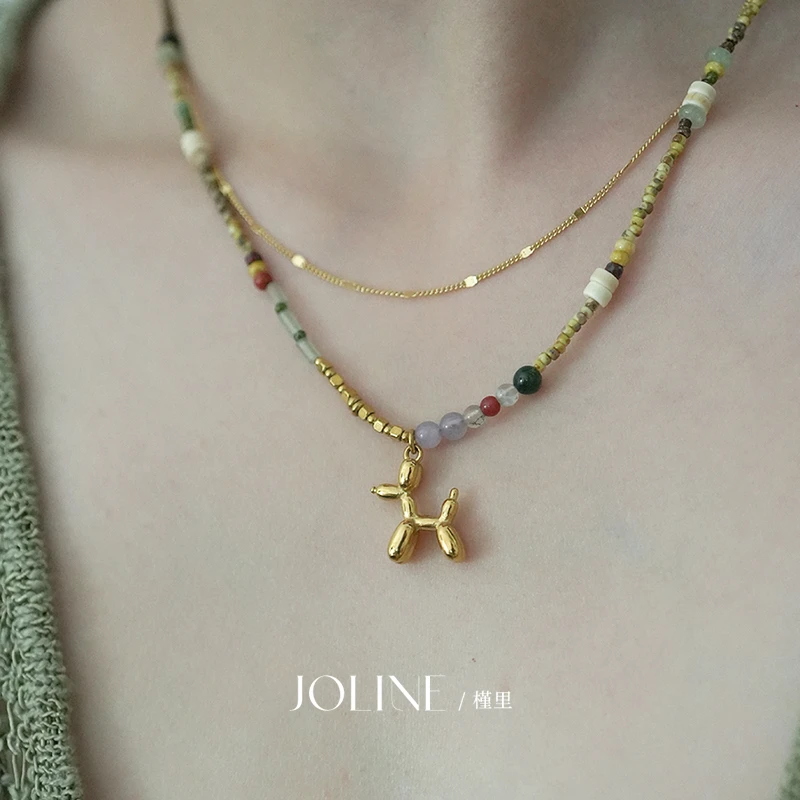 槿里  气球狗项链彩色串珠手作小众文艺清冷叠戴锁骨链