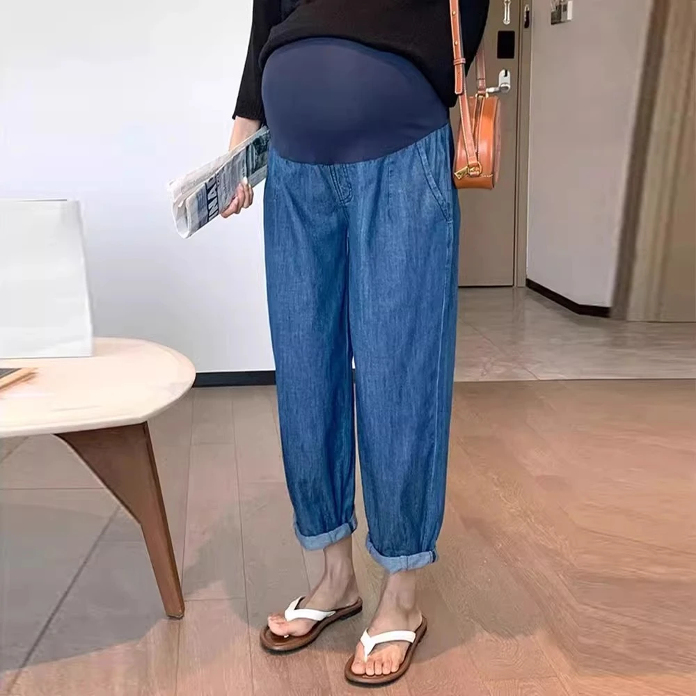 孕妇裤子夏季薄款外穿孕妇牛仔裤春夏天直筒阔腿裤九分裤香蕉裤