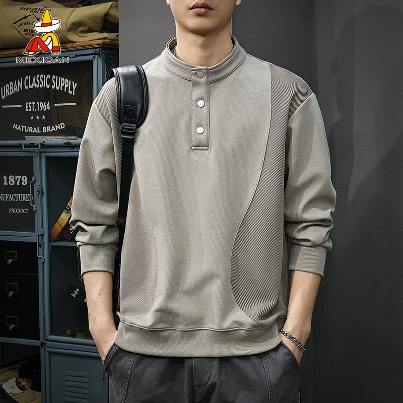 Mexican/稻草人美式重磅立领卫衣男款春季宽松休闲微提花长袖上衣