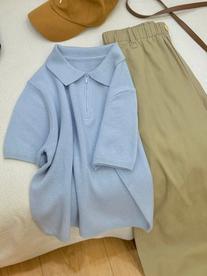 纯羊毛【高尔夫POIO领】中袖拉链纯色套头气质名媛范儿春夏新品