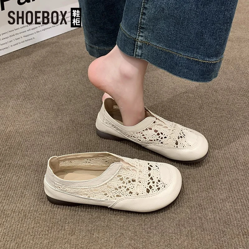 SHOEBOX鞋柜镂空渔夫鞋女2025新款夏小香风网面透气一脚蹬单鞋