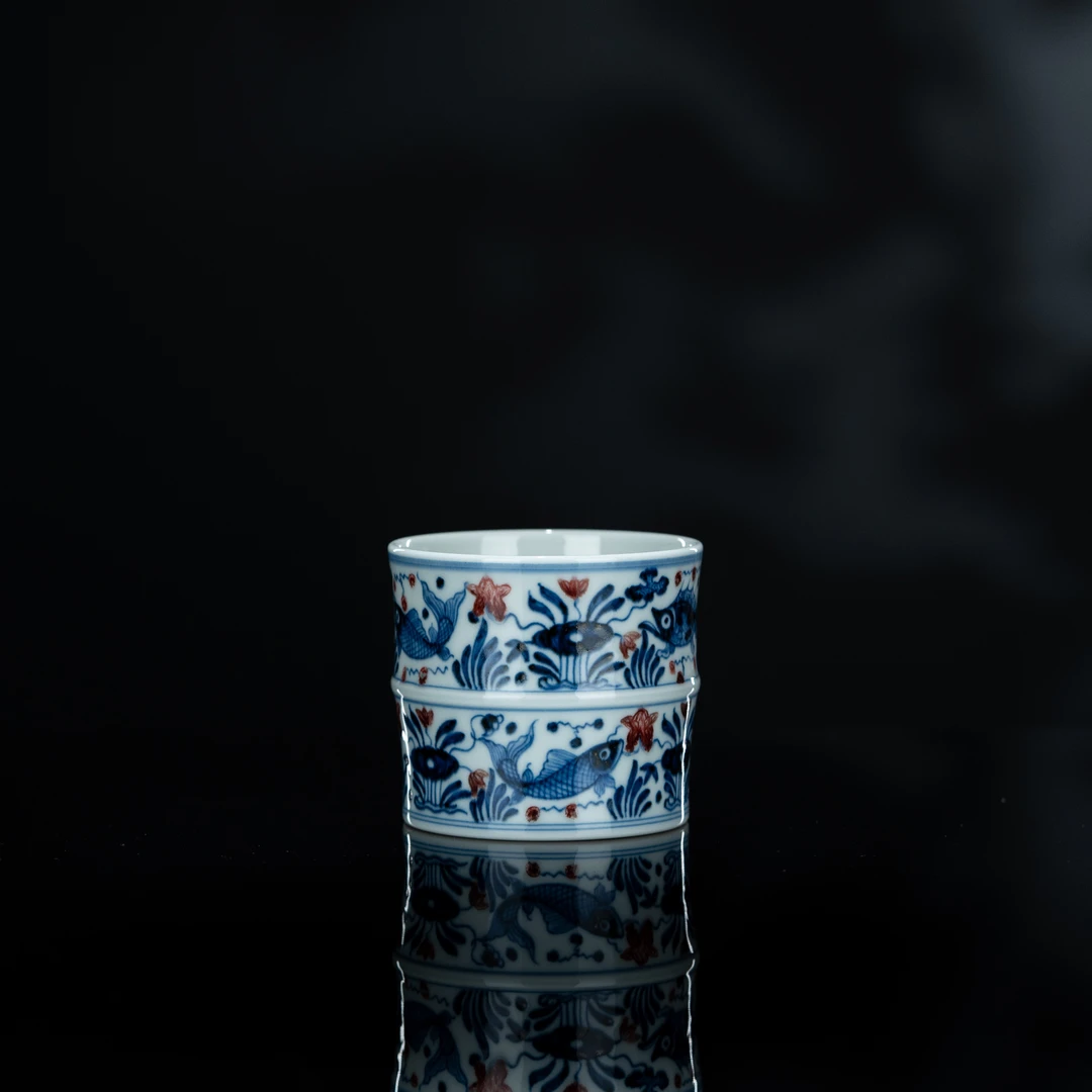 屹朴 青花釉里红鱼藻竹节杯 150cc 景德镇瓷器
