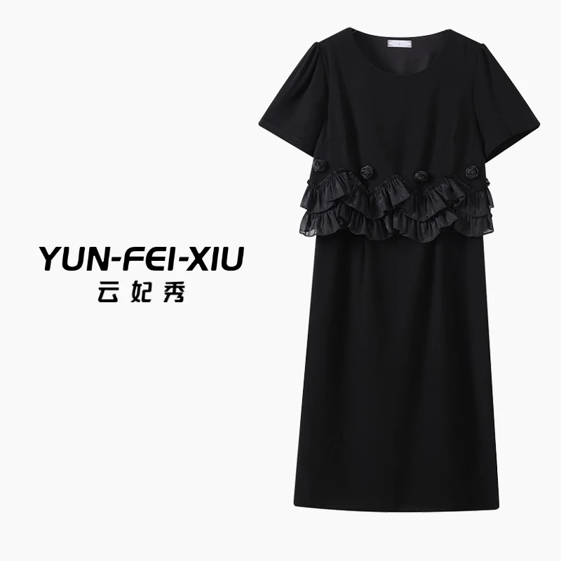 云妃秀大码女装连衣裙时尚微胖圆领拼接宽松显瘦气质百搭春季9551