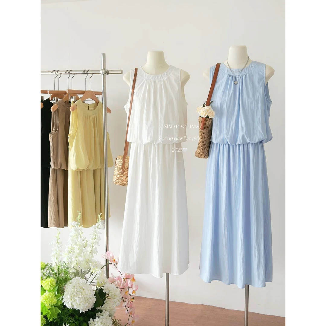 2025夏季新款女韩版温柔背心蓬松上衣松紧腰半身裙套装3138#0.1