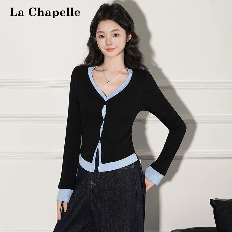 拉夏贝尔设计感撞色纽扣假两件针织长袖T恤女秋季收腰修身小上衣