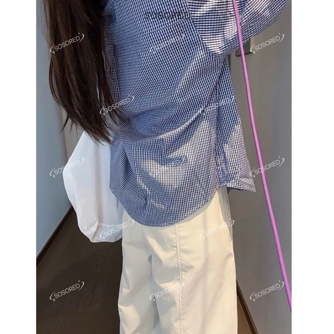 SOSORED-春日信号 小蓝格子衬衫女春夏薄款衬衫长袖上衣