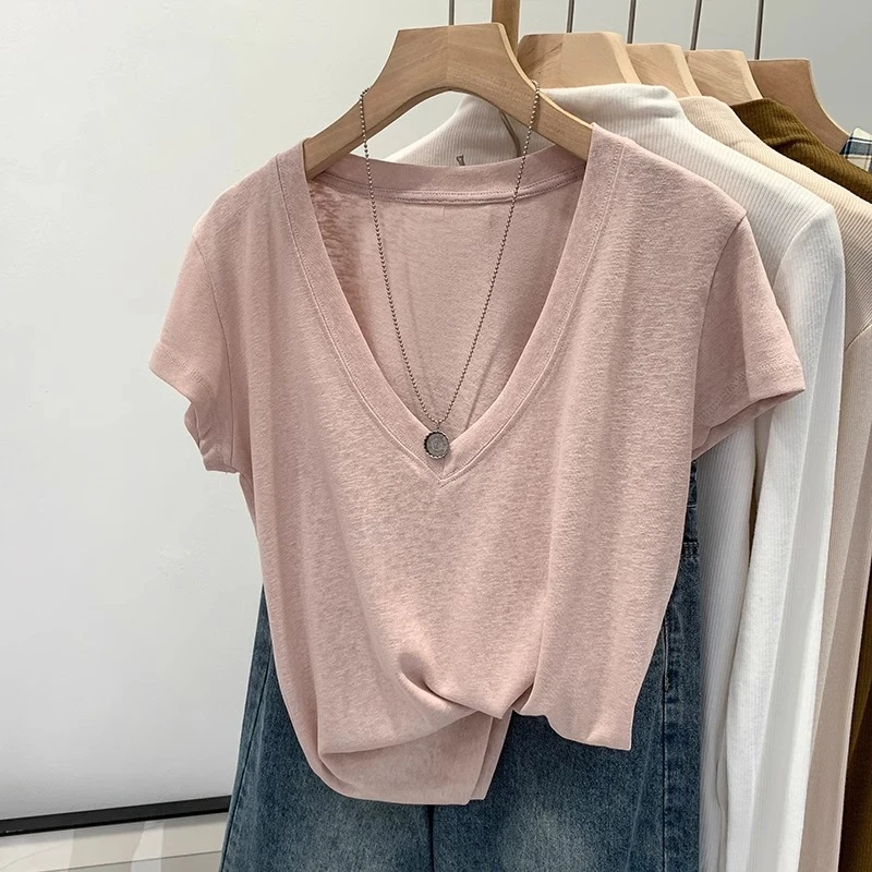 欧货爆款宽松慵懒高级感大V领短袖T恤女夏季2025新款独特气质上衣