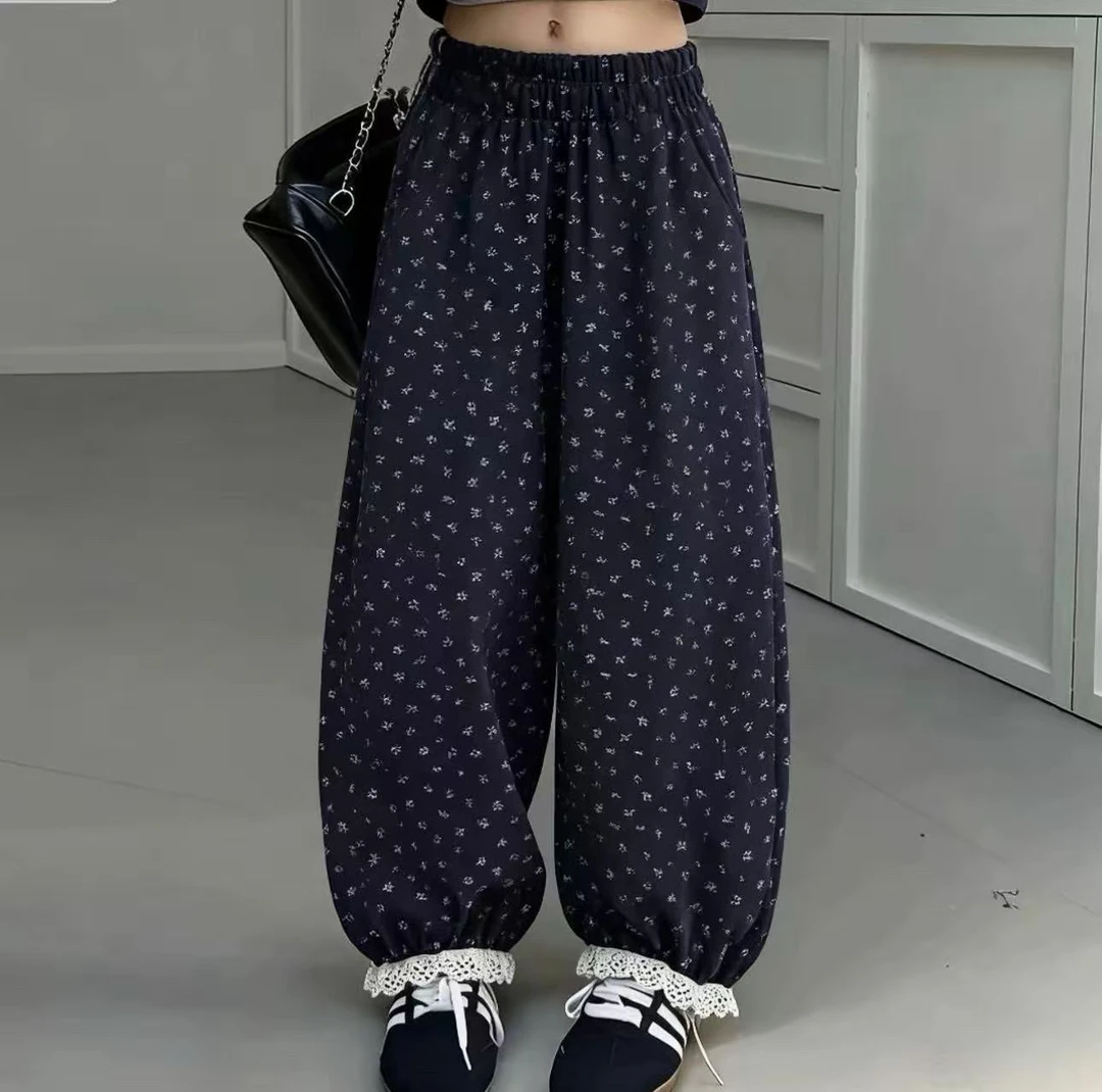 男女童秋冬季加绒加厚小碎花版松腰中大童休闲束脚高级感韩版长裤