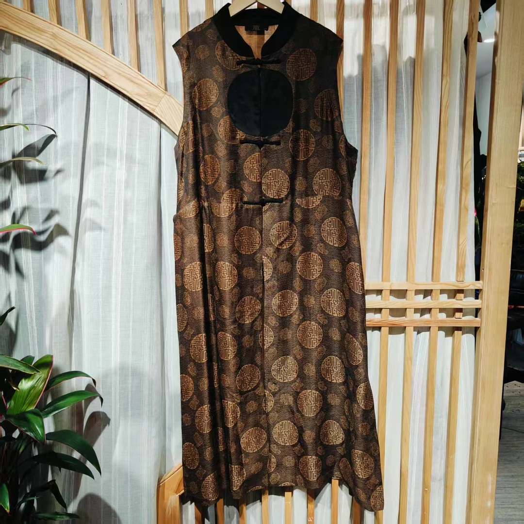 凤徕兮私人定制深咖色暗纹香云纱小立领对襟盘扣马甲（LS323）