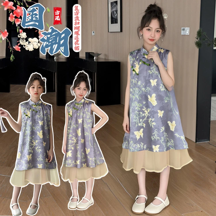 2025新款夏季大气国风蝴蝶印花女童连衣裙文艺亲子装时尚百搭裙子
