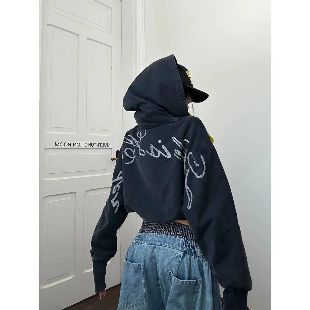 炽铂2025初秋新款【摩登叛客】黑色印花卫衣外套时尚潮流百搭设计感