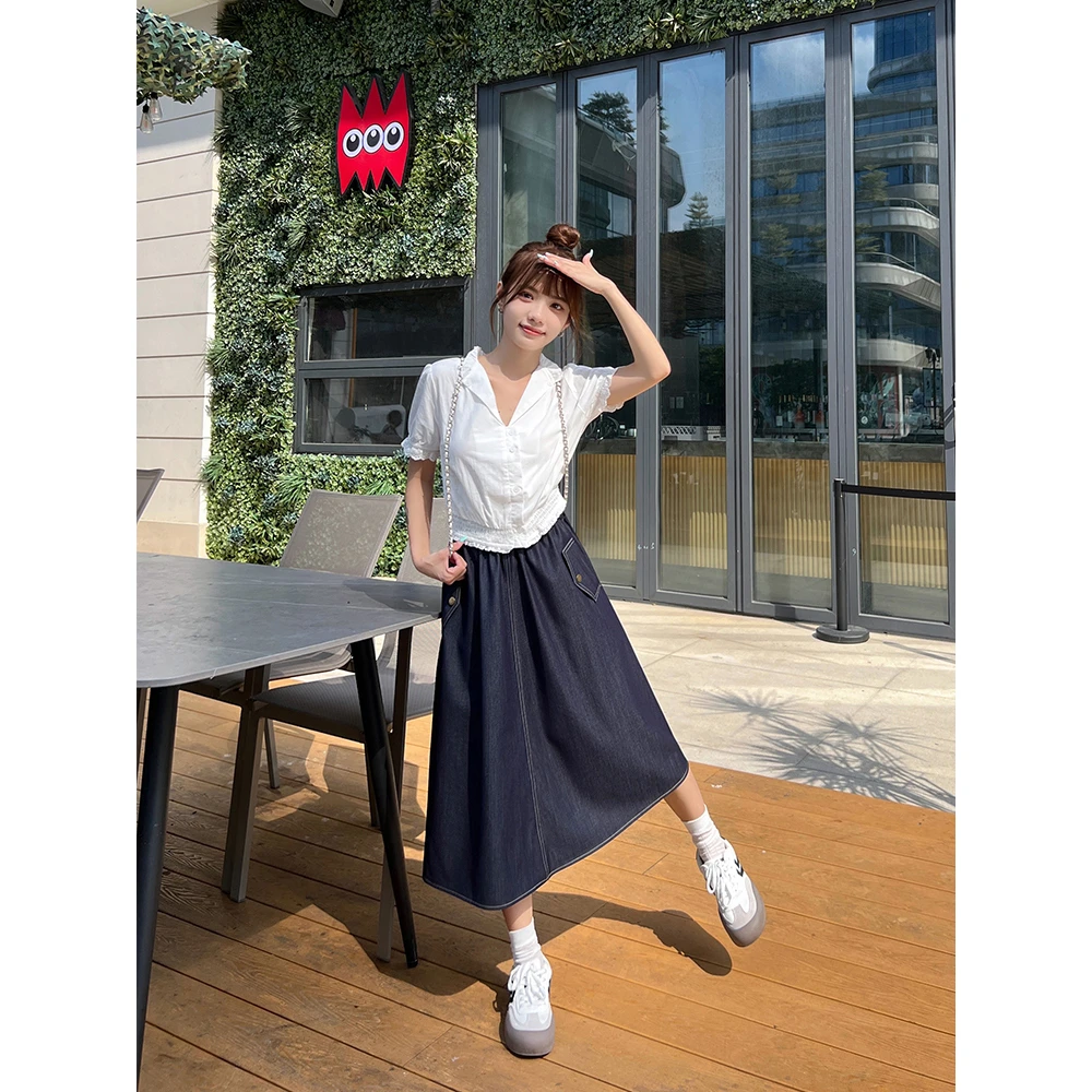 王家有鱼【小个子定制】早秋牛仔裙A字裙高腰松紧半身裙伞裙复古女