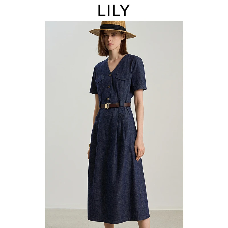 不易褪色牛仔LILY2025夏新款复古V领知性温柔连衣裙女125209G7986