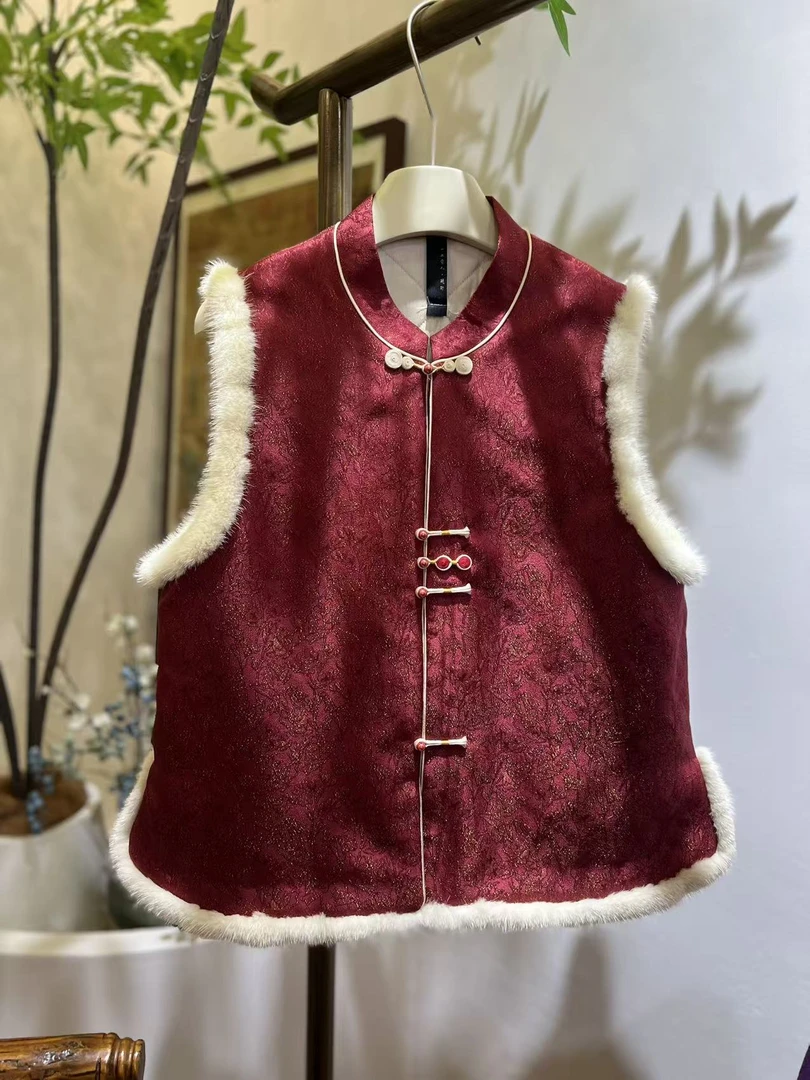 正绢红夹绒拼水貂毛马甲【100桑蚕丝】纯手工高奢新中式马甲