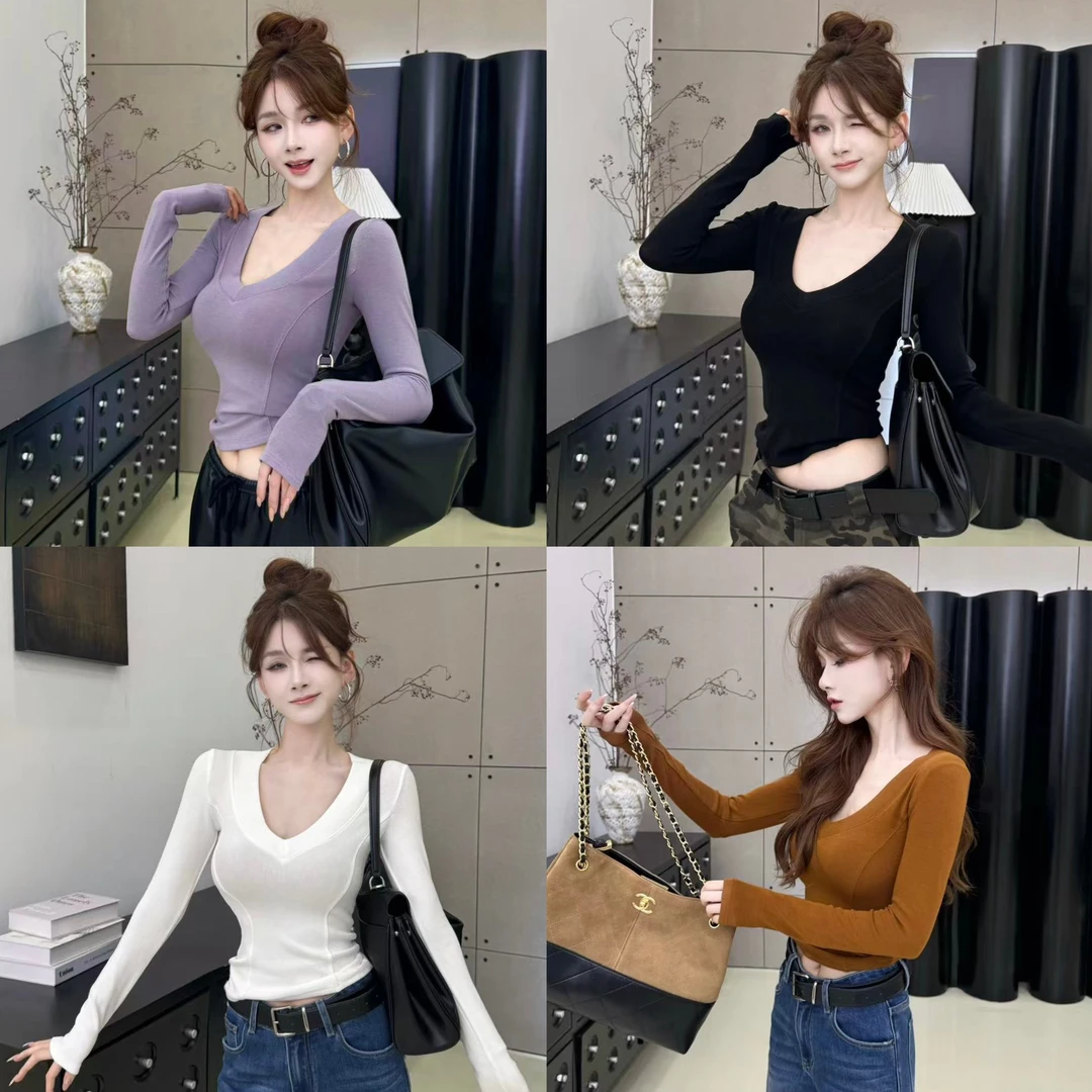 卡卡【高智感纸片人】中袖T恤女肌理感修身显腰身桃心领正肩上衣