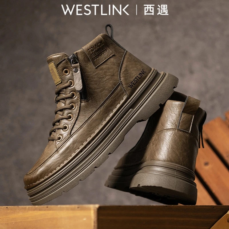 复古圆头休闲男款中帮秋季轻便平底机车男士美式增高鞋劳保马丁靴