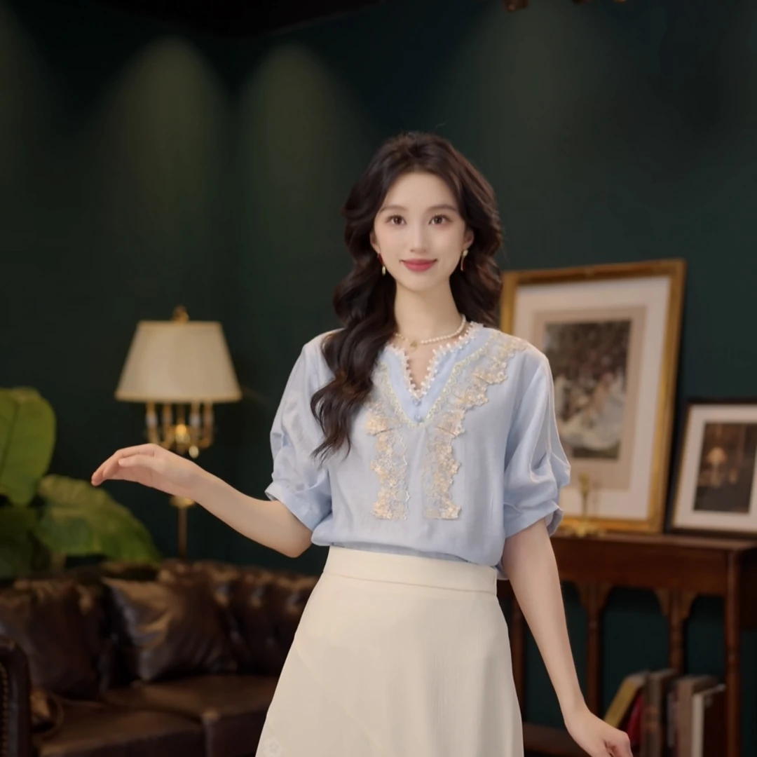 琦琦【赛里木湖】甜美休闲百搭小众短袖女夏季上衣YE0708063