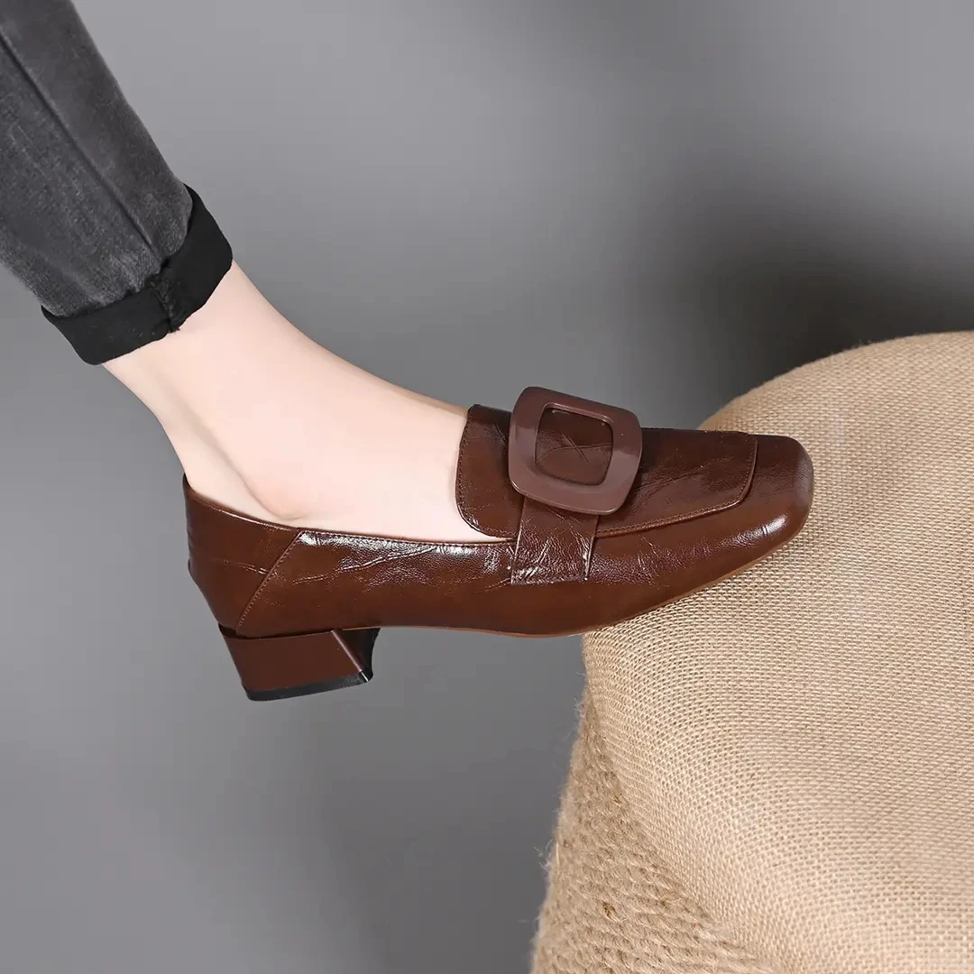 真皮浅口2025春新款女单鞋粗跟软底方头透气百搭时尚F127-251601